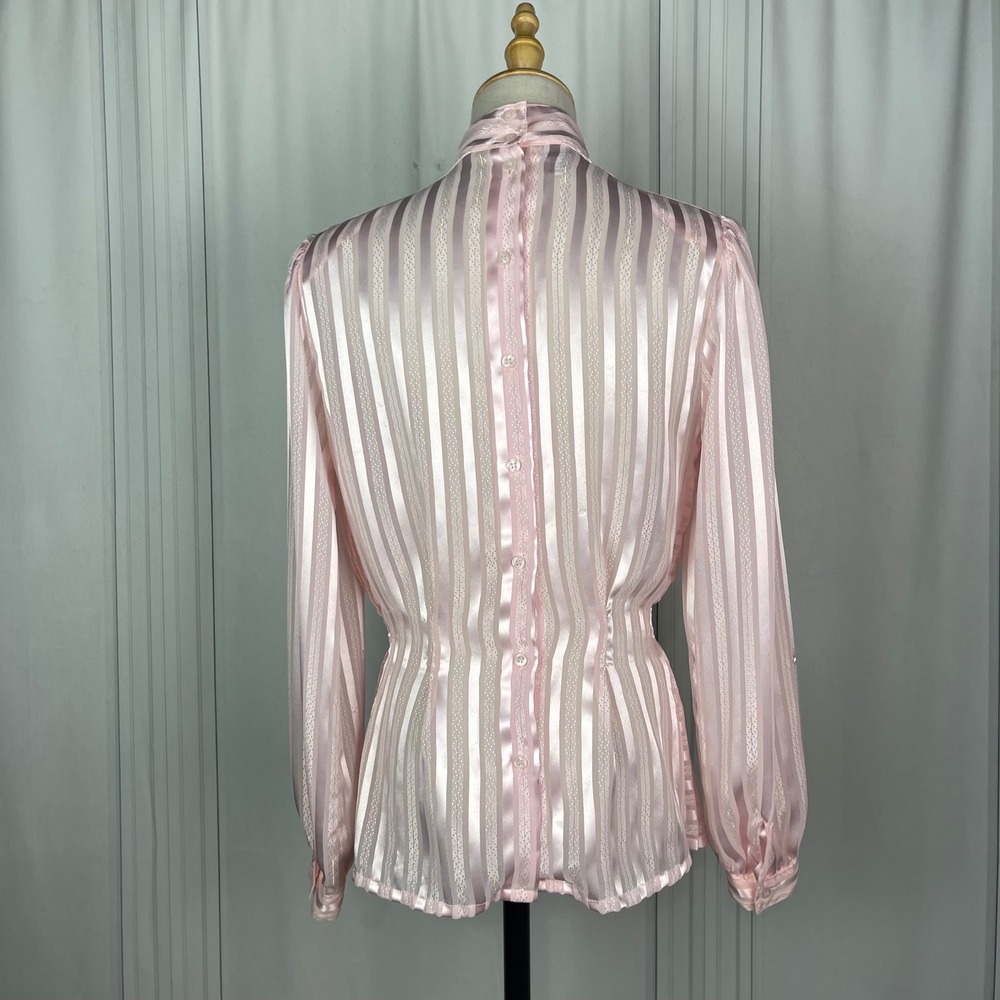 Vintage Nicola - Pink Striped Mock Neck Peplum Top Back Button Blouse - Size 4 - Picture 9 of 16